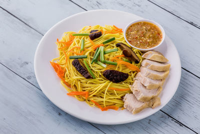 High angle view of meal served on table