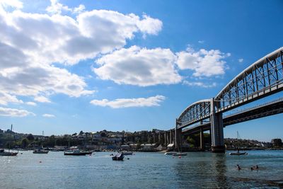 Royal albert bridge over tamar river against sky