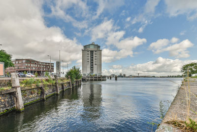 Bridge over river against buildings in city