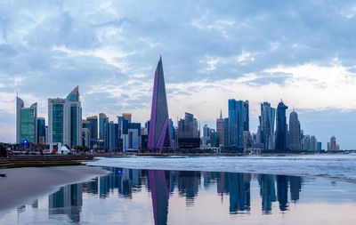 Beautiful doha skyline view from corniche beach