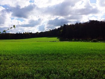 Scenic view of grassy field against cloudy sky