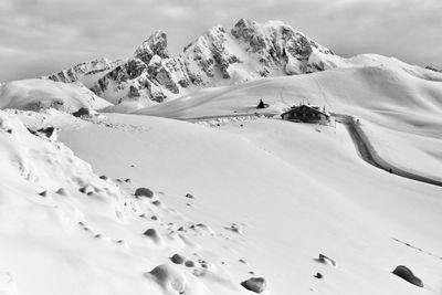 Scenic view of snow covered mountains against sky