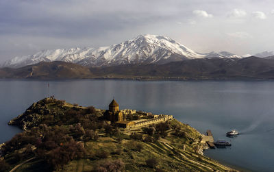 Scenic view of lake and snowcapped mountains against sky