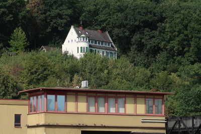 House by trees in forest