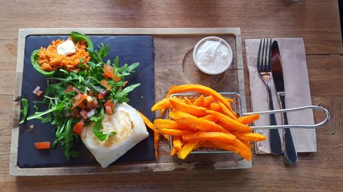 High angle view of vegetables in bowl on table