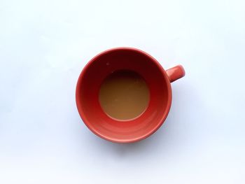 Directly above shot of tea cup against white background