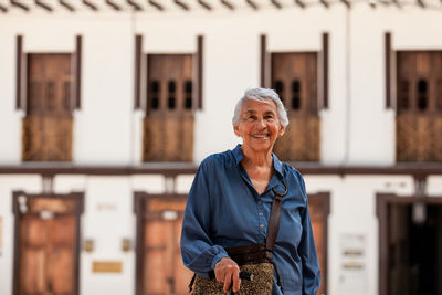 Senior woman tourist at the heritage town of salamina in the department of caldas in colombia