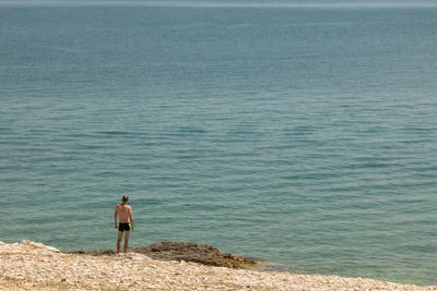 Rear view of shirtless man looking at sea