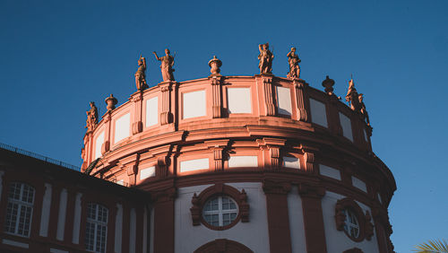 Low angle view of building against clear blue sky