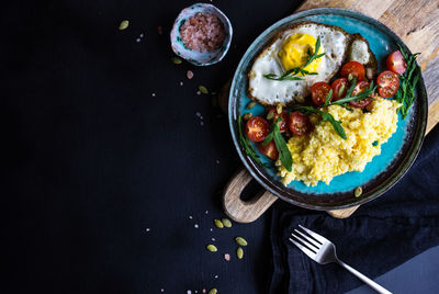 High angle view of breakfast served in plate