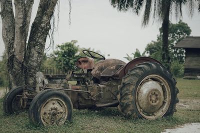 Tractor on field against trees