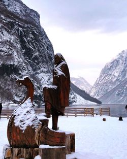 Snow covered rocks against sky