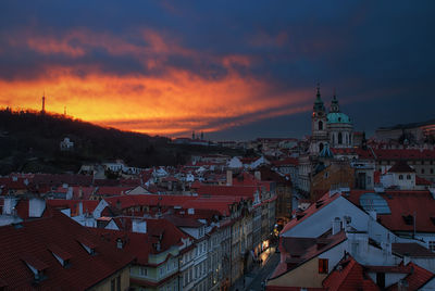 High angle view of townscape against sky at sunset