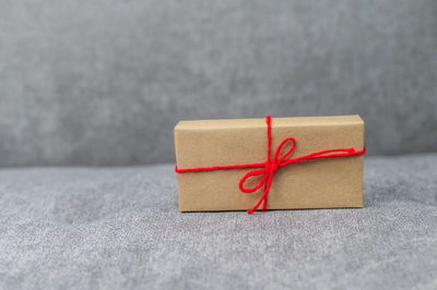 Close-up of red box on table