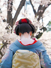 Rear view of woman wearing kimono against cherry tree