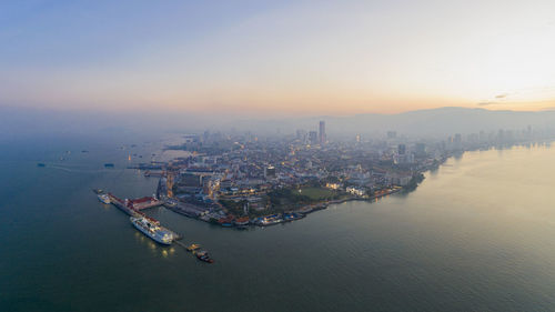 High angle view of city at waterfront