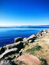 Scenic view of sea against clear blue sky