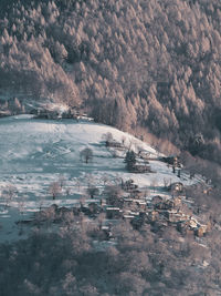 High angle view of snow covered land