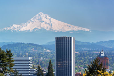 Modern building against mt hood