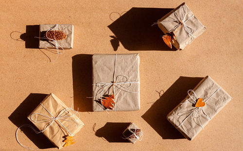 High angle view of christmas presents on table