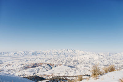 Panoramic view of the mountains with rocks in the tien shan mountains in central asia near tashkent