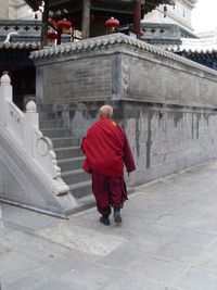 Rear view of man walking on steps