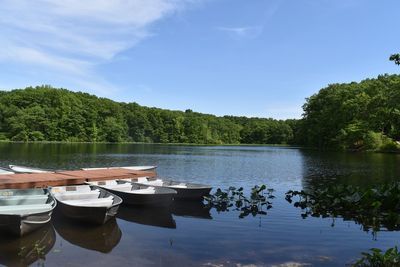 Boats moored in lake against sky