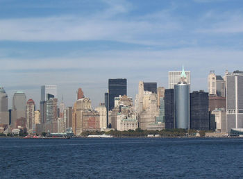 City at waterfront against cloudy sky