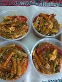 High angle view of served food in plate