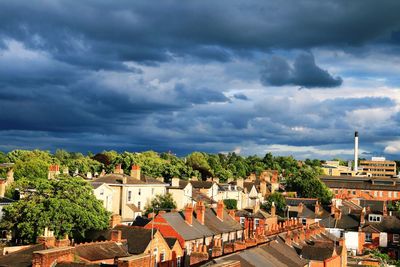 High angle view of houses against cloudy sky