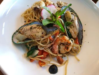 High angle view of food served in plate