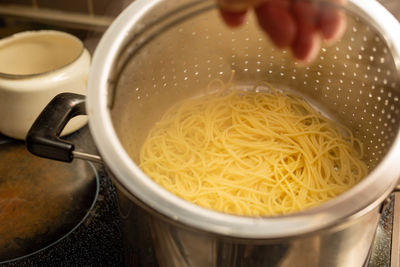 Close-up of soup in cooking pan