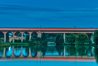 Bridge over lake against blue sky