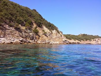 Scenic view of sea against clear blue sky