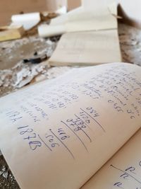 High angle view of text on table