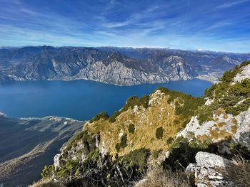 Panorama on limone sul garda lake, monte baldo hiking trail, trento, italy