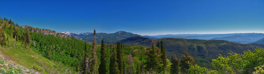 Panoramic view of mountains against clear blue sky