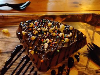 High angle view of chocolate cake on table