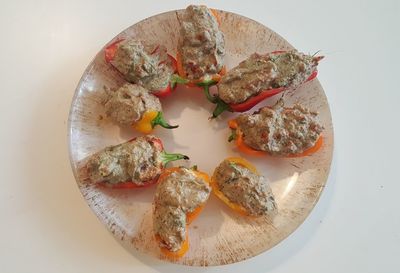 High angle view of breakfast on table