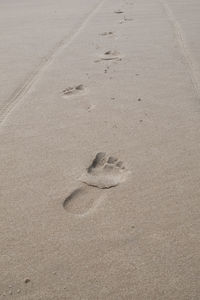 High angle view of footprints on sand at beach
