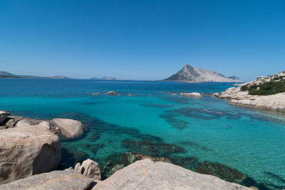 Scenic view of sea against clear blue sky