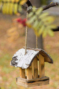 Close-up of birdhouse hanging on tree