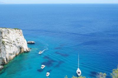 High angle view of boats sailing in sea