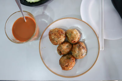 High angle view of dessert in plate on table