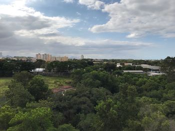 Trees and cityscape against sky