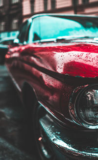 Close-up of wet red car