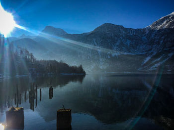 Scenic view of lake and snowcapped mountains against sky