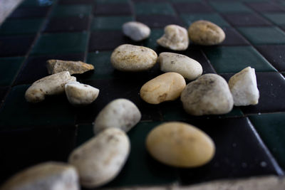 High angle view of mushrooms on table