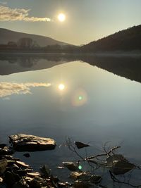 Scenic view of lake against sky during sunset