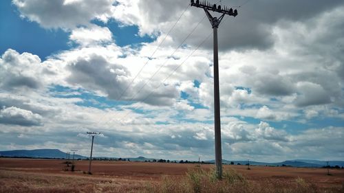 Electricity pylon on landscape against sky